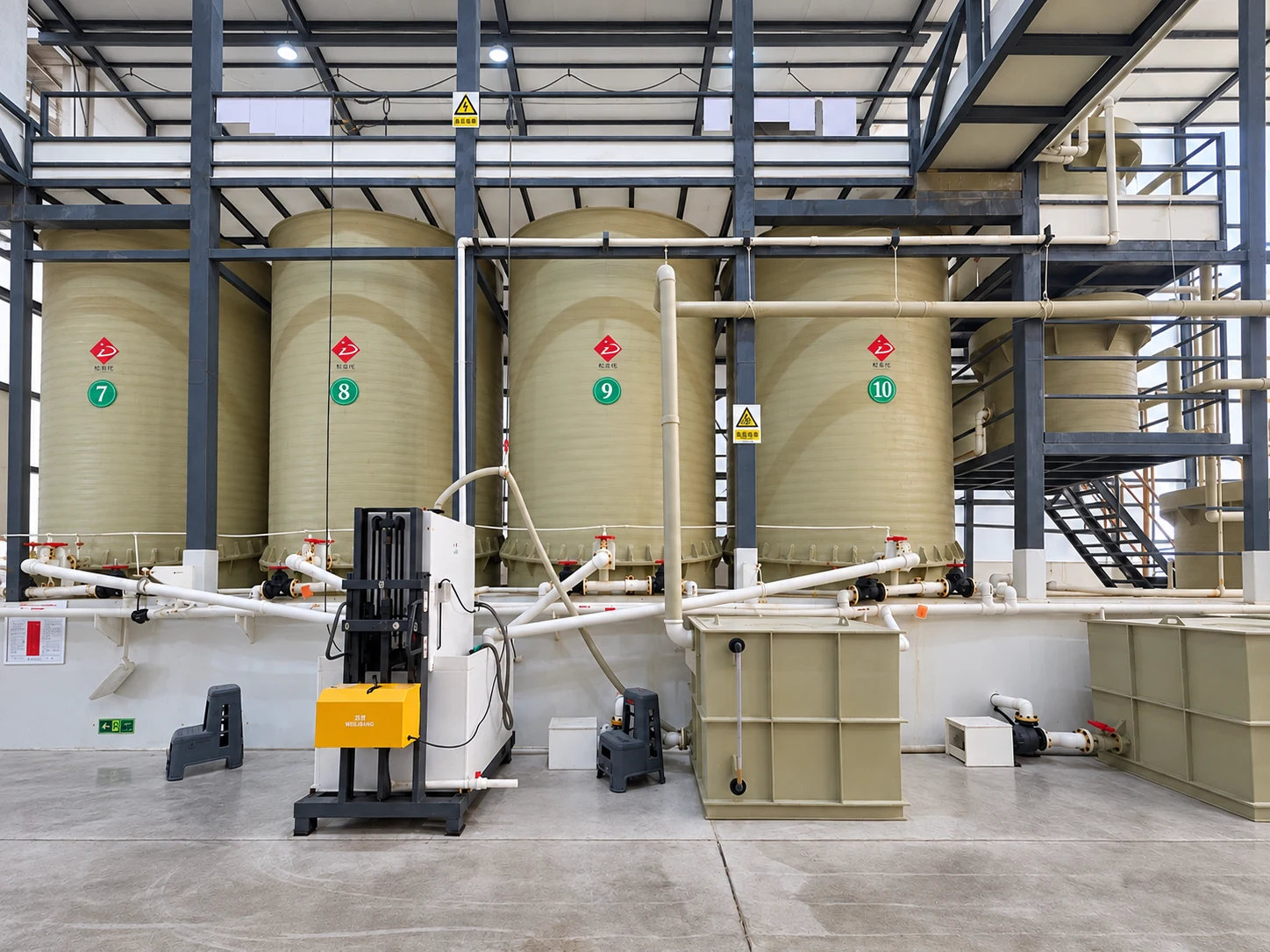 Acid-leaching tanks, access platforms and piping