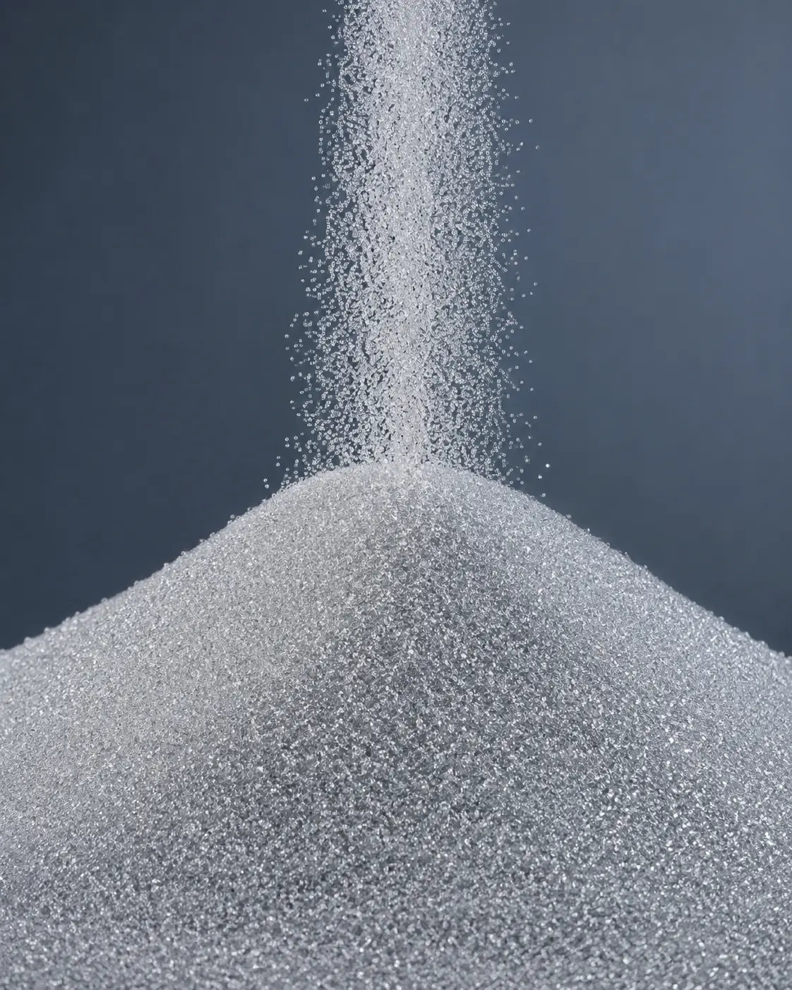 Transparent glass-like fused high-purity quartz sand falling into a controlled particle mound