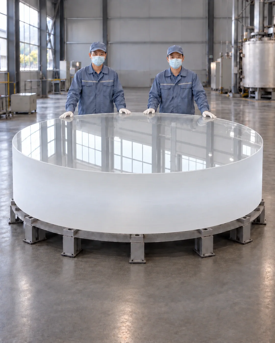 Reference-based AI visualization of a large monolithic quartz boule with a polished top and finely frosted sidewall, with two masked workers standing behind it for scale