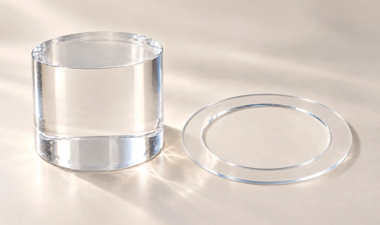 AI product visualization of a clear solid fused quartz boule beside a precision quartz etching ring