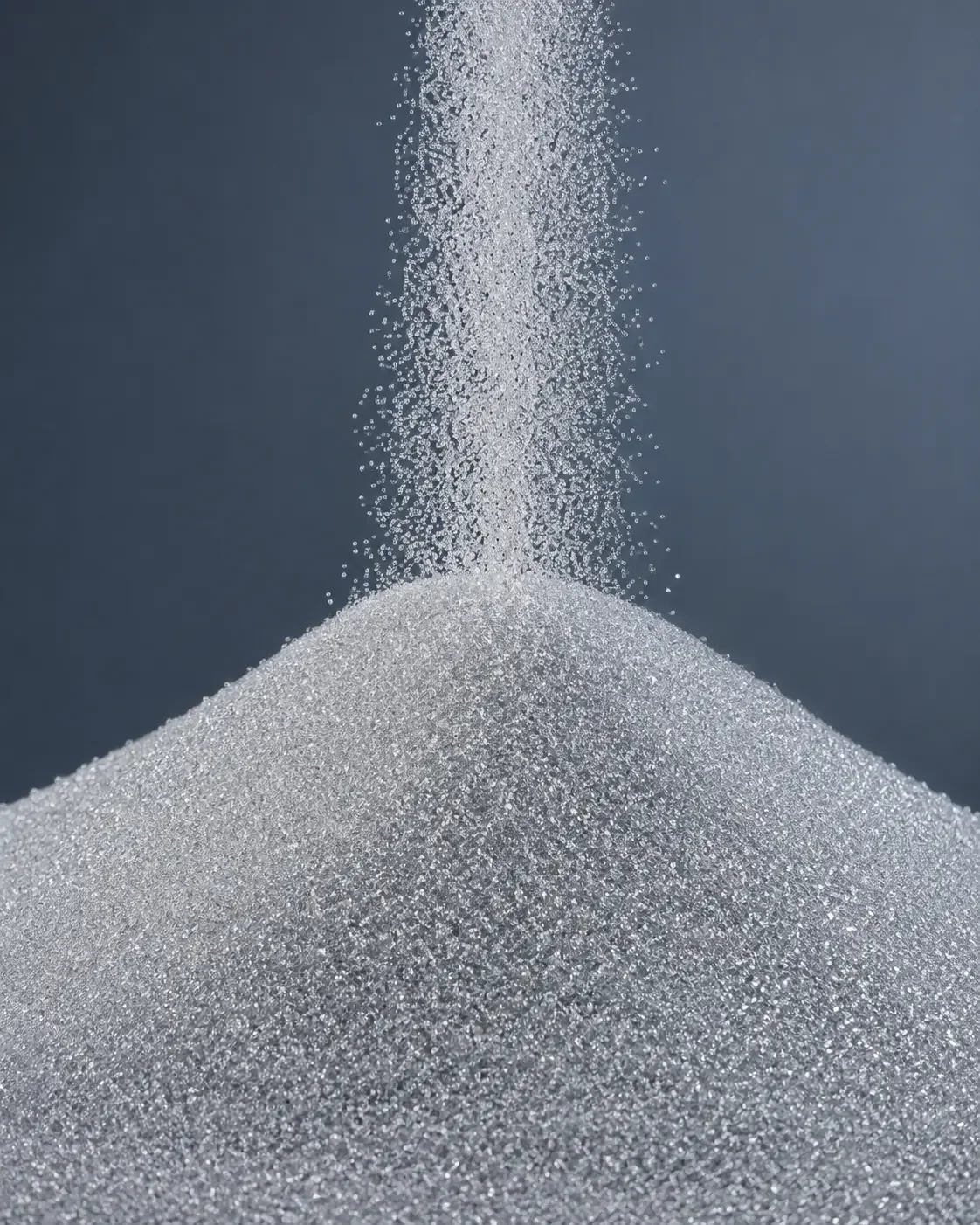 Translucent glass-like fused quartz sand falling into a clear fine-grained mound
