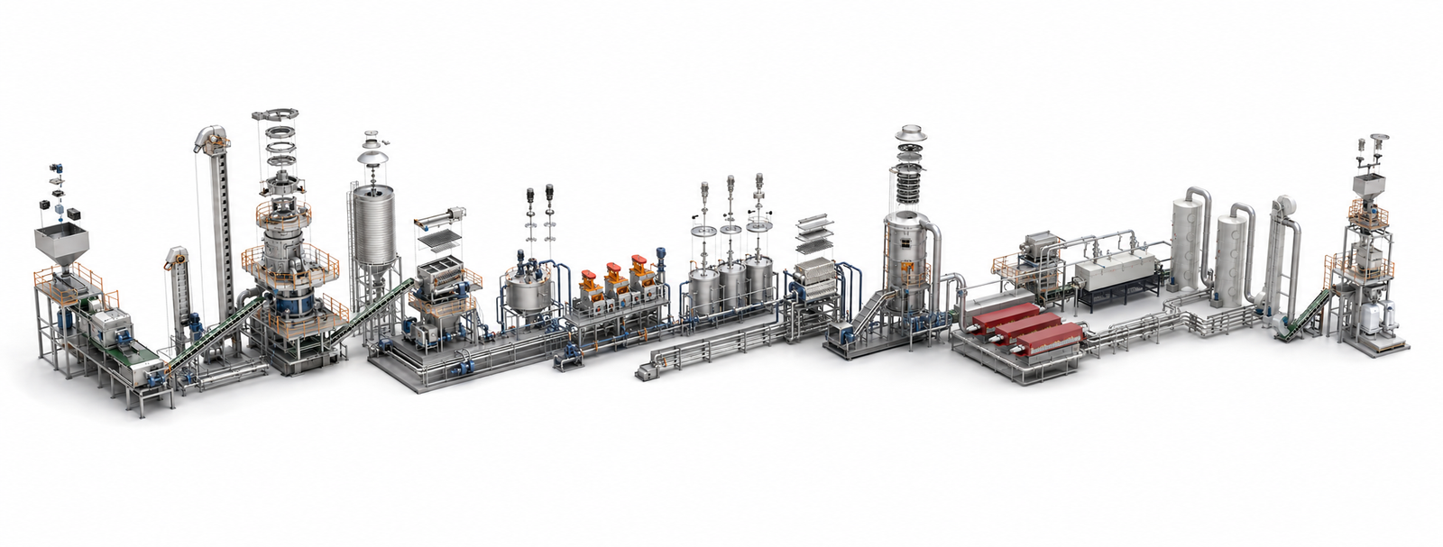 Connected quartz sand production line from pretreatment through acid leaching, high-temperature calcination and chlorination, exhaust-gas recovery, classification and packing