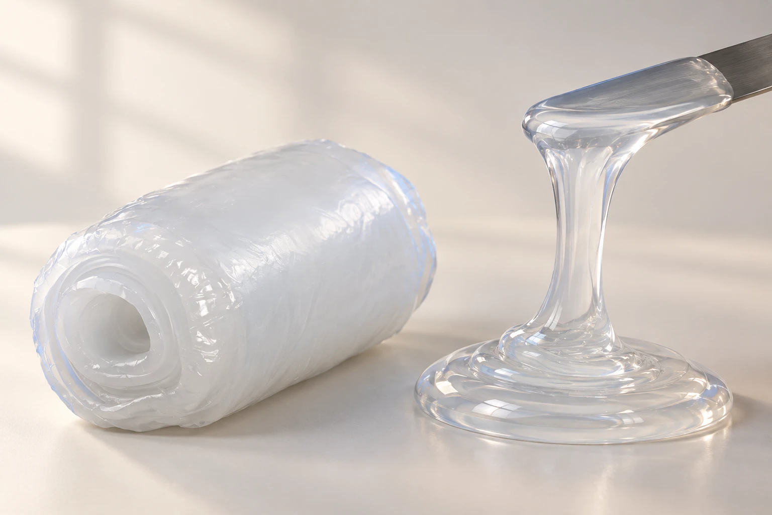 Material visualization of a translucent solid silicone roll beside a thick ribbon of clear liquid silicone