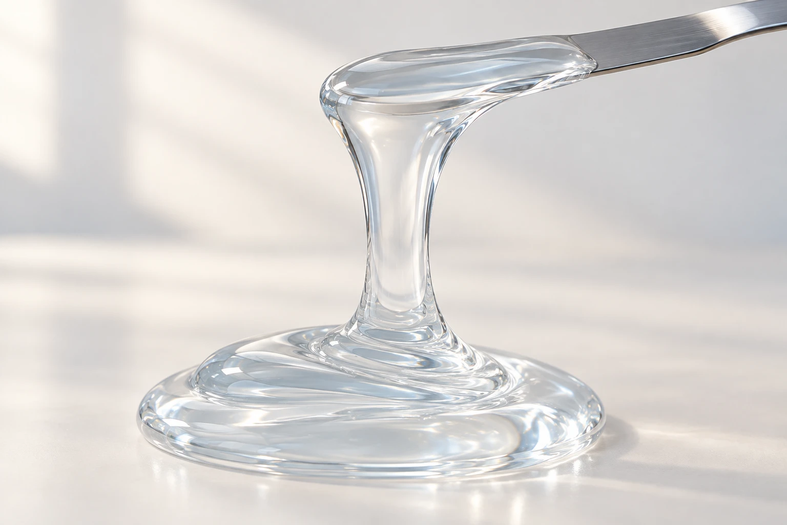 AI material visualization of a highly viscous transparent silicone ribbon falling slowly from a spatula into a soft folded pool