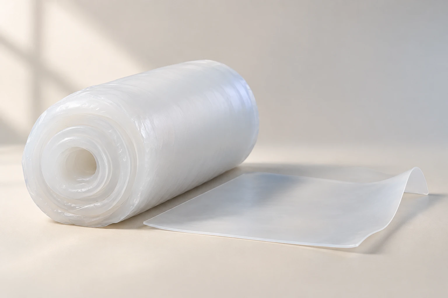 AI material visualization of pliable translucent solid silicone rolled into layers beside a thin silicone sheet