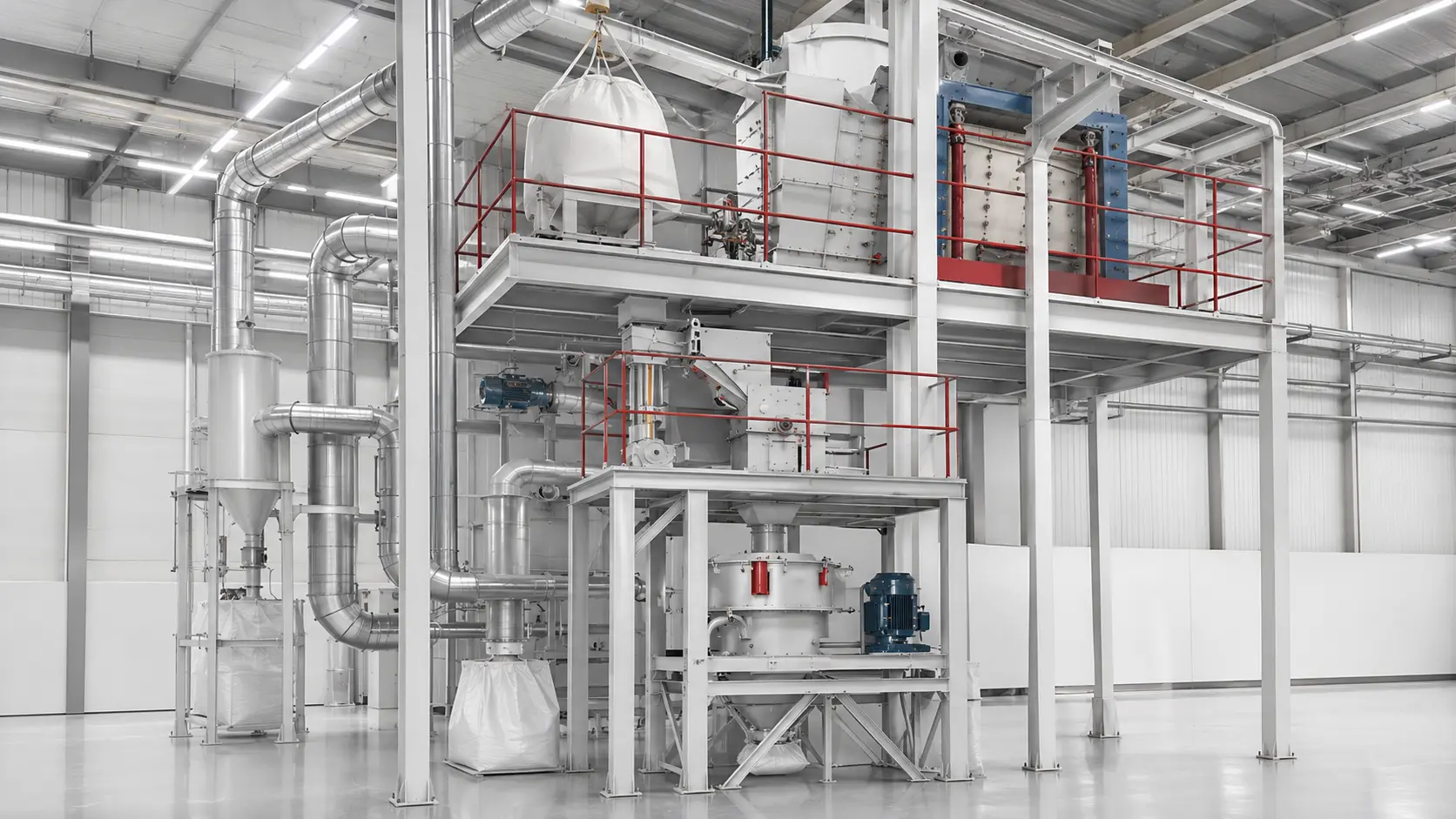 Integrated powder processing and classification equipment in a clean production hall