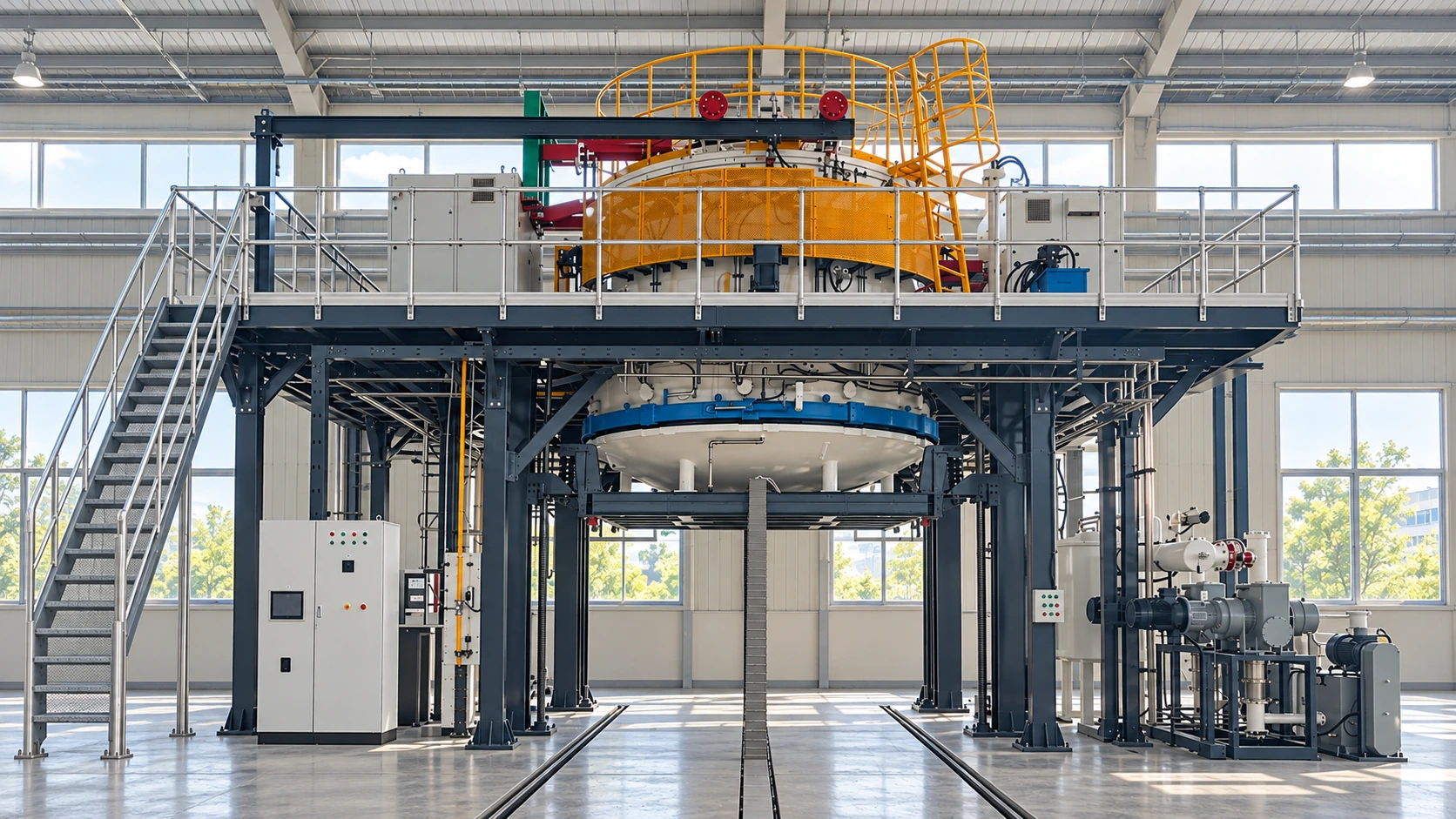 Front-view visualization of the XDDR800A quartz ingot furnace with a level platform, vertical steel supports and the original furnace and ancillary equipment arrangement